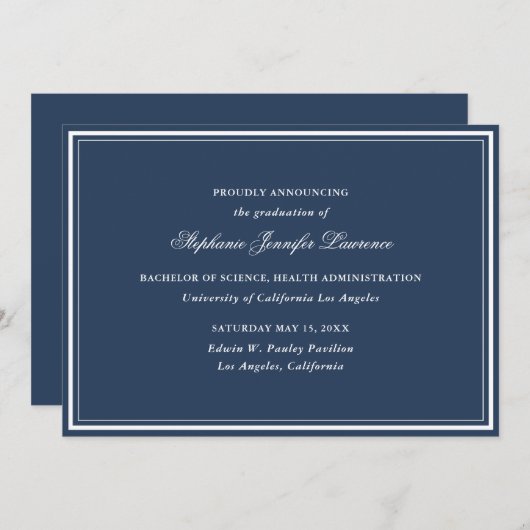 Navy Blue Formeel Afstuderen Aankondiging (Voorkant / Achterkant)