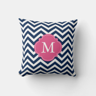 Navy Blue Fuschia Zigzag Pattern Monogram Kussen
