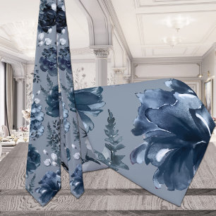 Navy Blue Garden Florals Dusty Blue Wedding Stropdas