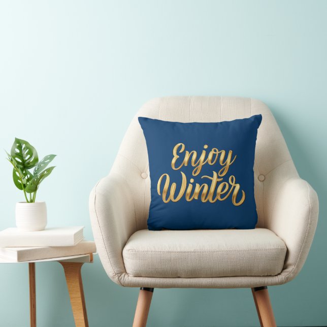 Navy Blue Geniet van de winter - Gold Script Holid Kussen (Stoel)