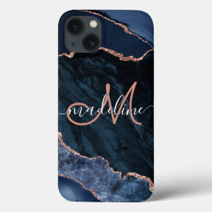 Navy Blue Geode Agate Roos Glitter Monogrammed iPhone 13 Hoesje