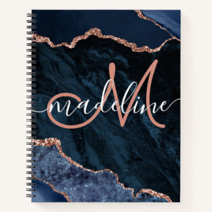 Navy Blue Geode Agate Roos Glitter Monogrammed Not Notitieboek