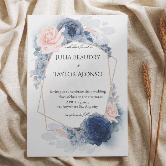 Navy Blue Geometric Floral Wedding Invitation