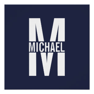 Navy Blue - gepersonaliseerd monogram en naam Perfect Poster