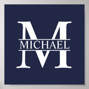 Navy Blue - gepersonaliseerd monogram en naam Poster