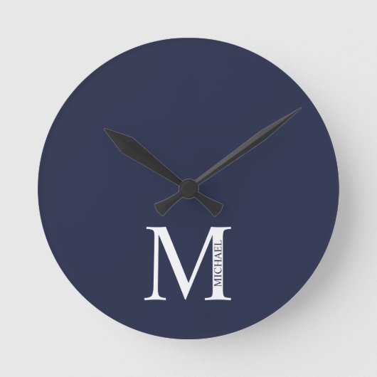 Navy Blue - gepersonaliseerd monogram en naam Ronde Klok (Voorkant)