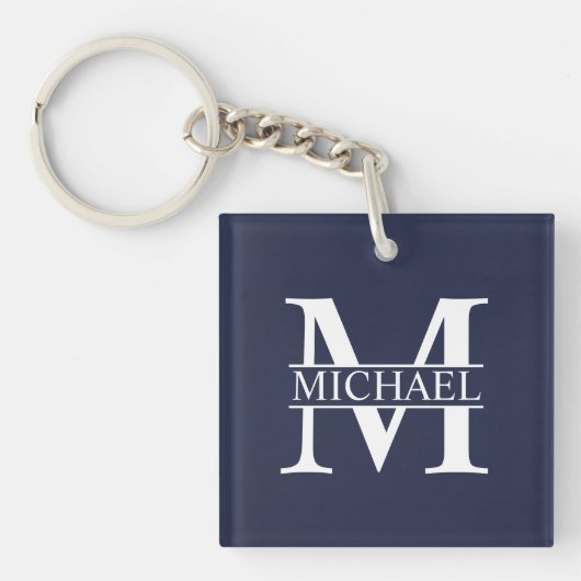 Navy Blue - gepersonaliseerd monogram en naam Sleutelhanger (voorkant)
