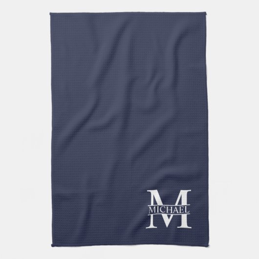 Navy Blue - gepersonaliseerd monogram en naam Theedoek (Verticaal)