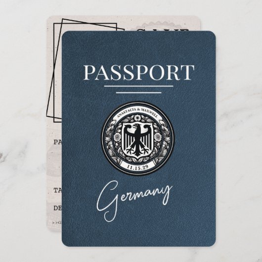 Navy Blue Germany Passport Bewaar de datum Save The Date (Voorkant / Achterkant)