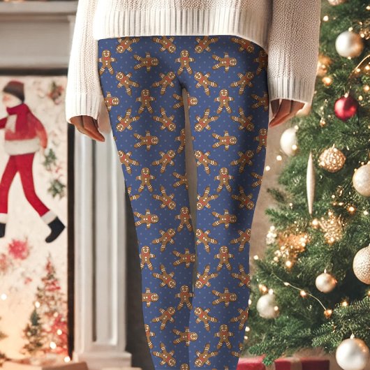 Navy Blue Gingerbread Man Polka Dot Kerstmis Leggings