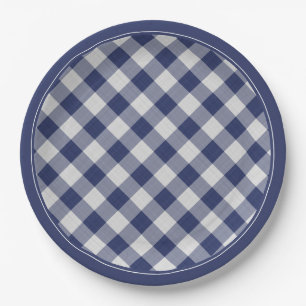 Navy Blue Gingham controleert patroonplaat Papieren Bordje