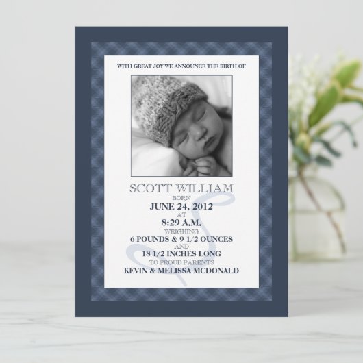 Navy Blue Gingham Dreams Foto geboorteaankondiging Aankondiging (Staand voorkant)