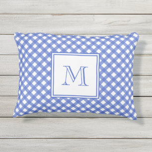 Navy Blue Gingham Pattern Monogram Outdoor Pillow Buitenkussen