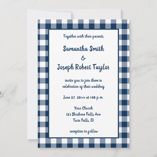 Navy Blue Gingham Pattern Wedding Kaart (Voorkant)