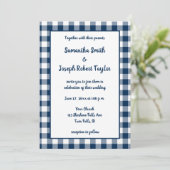 Navy Blue Gingham Pattern Wedding Kaart (Staand voorkant)
