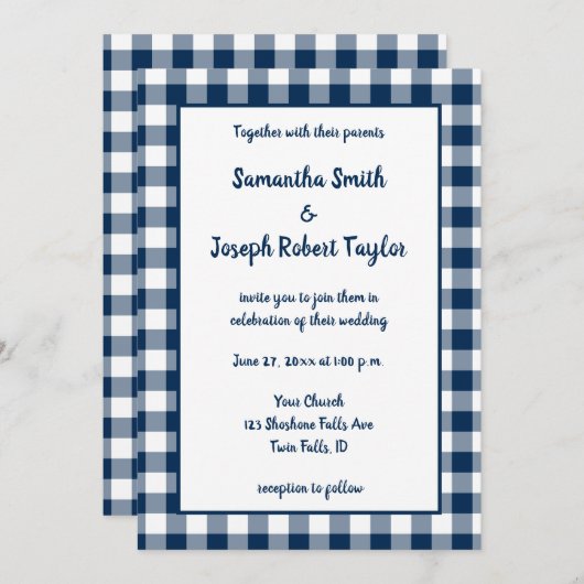 Navy Blue Gingham Pattern Wedding Kaart (Voorkant / Achterkant)