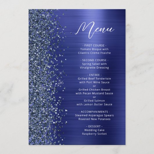 Navy Blue Glam Glitter Script Wedding Menu (Voorkant)