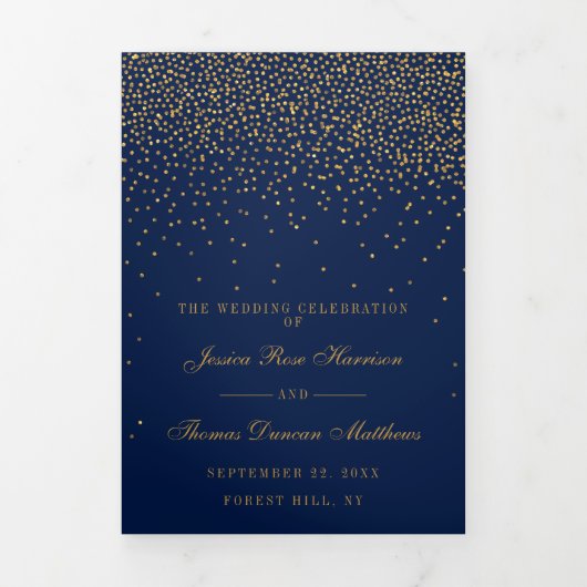 Navy Blue & Glam Gold Confetti bruiloft Collectie Drieluik Programma (Cover)