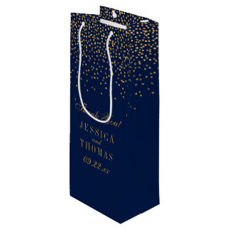 Navy Blue & Glam Gold Confetti bruiloft gunst Wijn Cadeautas