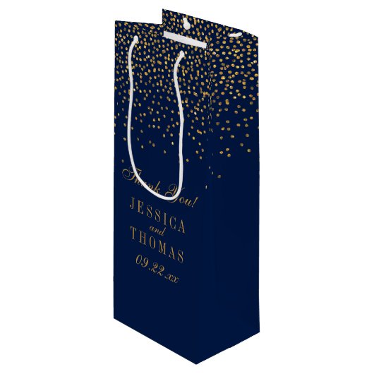 Navy Blue & Glam Gold Confetti bruiloft gunst Wijn Cadeautas (Voorkant Gekanteld)
