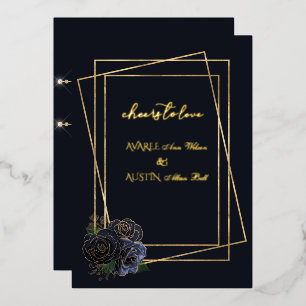 Navy Blue Glam Rozen en Black and Gold Foil Folie Uitnodiging
