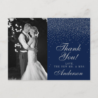 Navy Blue & Glam Silver Confetti bruiloft dank u Aankondigingskaart