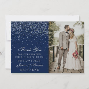 Navy Blue & Glam Silver Confetti trouwfoto Bedankkaart