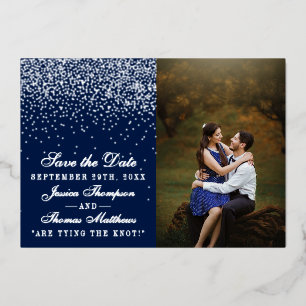 Navy Blue & Glam Zilveren Bruiloft Save The Date R Folie Uitnodiging
