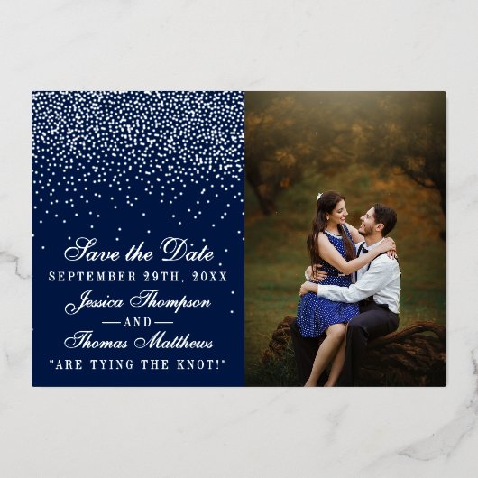 Navy Blue & Glam Zilveren Bruiloft Save The Date R Folie Uitnodiging (Voorkant)