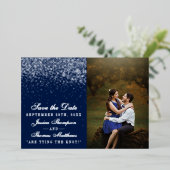Navy Blue & Glam Zilveren Bruiloft Save The Date R Folie Uitnodiging (Staand Voorkant)