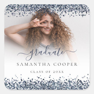 Navy Blue Glitter Afstudeerder Fotonaam klasse jaa Vierkante Sticker