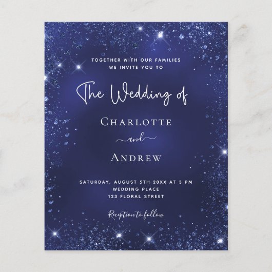 Navy blue glitter budget bruiloft uitnodiging flyer (Voorkant)