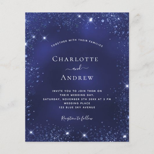Navy blue glitter budget bruiloft uitnodiging flyer (Voorkant)