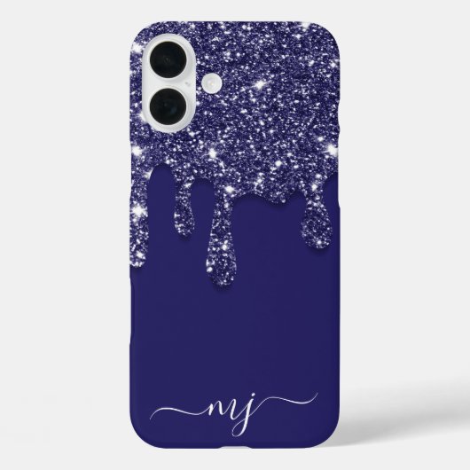Navy Blue Glitter Drip Aangepaste Monogram Case-Mate iPhone Case (Achterkant)