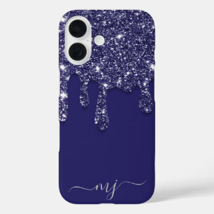 Navy Blue Glitter Drip Custom Monogram iPhone 16 Hoesje