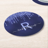 Navy blue glitter druppelt monogram script ronde kartonnen onderzetter (Gebogen)