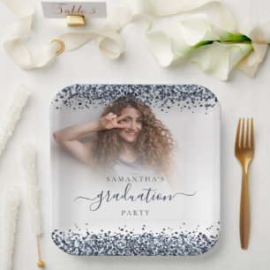 Navy Blue Glitter Foto Naam Afstuderen 2024 Party Papieren Bordje