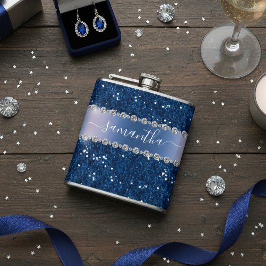 Navy Blue Glitter Look Bling gepersonaliseerd meta Heupfles