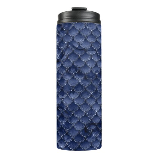 Navy Blue Glitter Mermaid Scale Patroon Thermosbeker (Voorkant)