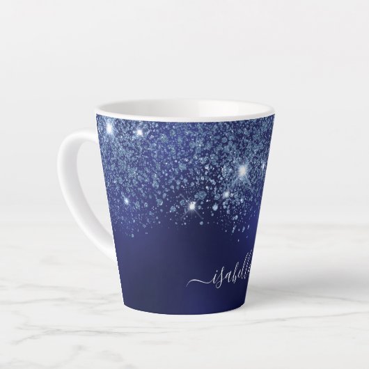 Navy blue glitter monogram name script latte mok (Linkerhoek)