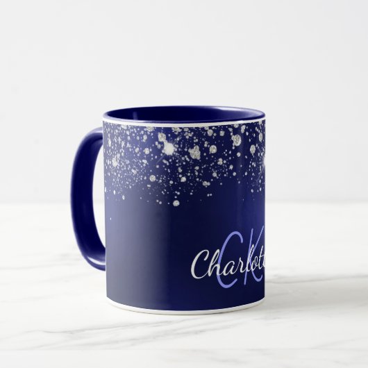 Navy blue glitter monogram name script mok (Voorkant links)