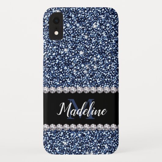 Navy Blue Glitter & Pareltjes met naam en monogram Case-Mate iPhone Case (Achterkant)