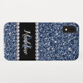 Navy Blue Glitter & Pareltjes met naam en monogram Case-Mate iPhone Case (Achterkant (horizontaal))