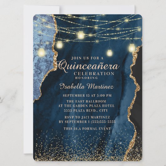 Navy Blue Glitter String Lights Quinceañera Kaart (Voorkant)