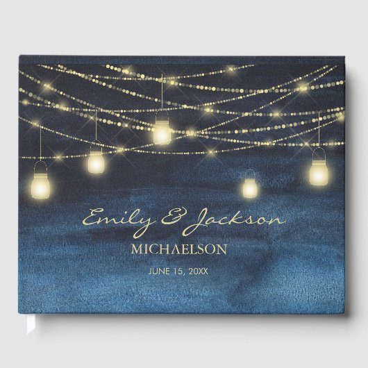 Navy Blue Glitter String Lights Wedding Gastenboek (Voorkant)