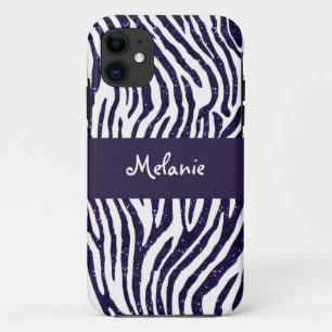 Navy Blue Glitter Zebra Monogram iPhone Case