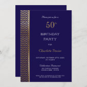 Navy Blue Gold 50th Birthday Party Kaart (Voorkant / Achterkant)