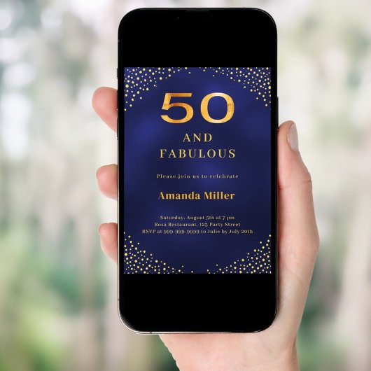 Navy blue gold 50th fabulous birthday invitation kaart