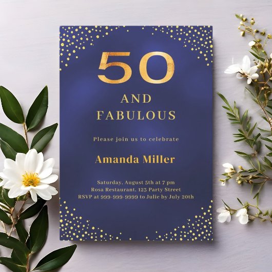 Navy blue gold 50th fabulous birthday invitation kaart