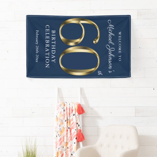Navy Blue Gold 60th Birthday Party Elegant Welcome Spandoek (Insitu)